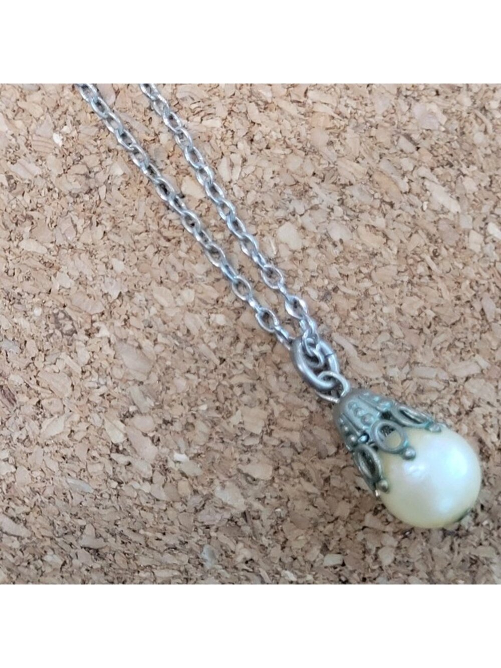 Vintage Lang Sterling Silver Pearl Filigree Pendant Necklace 15" Mid-Century